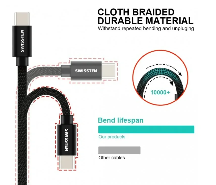 SWISSTEN datový kabel USB-A / USB-C, s textilním opletem, délka 2,0 m