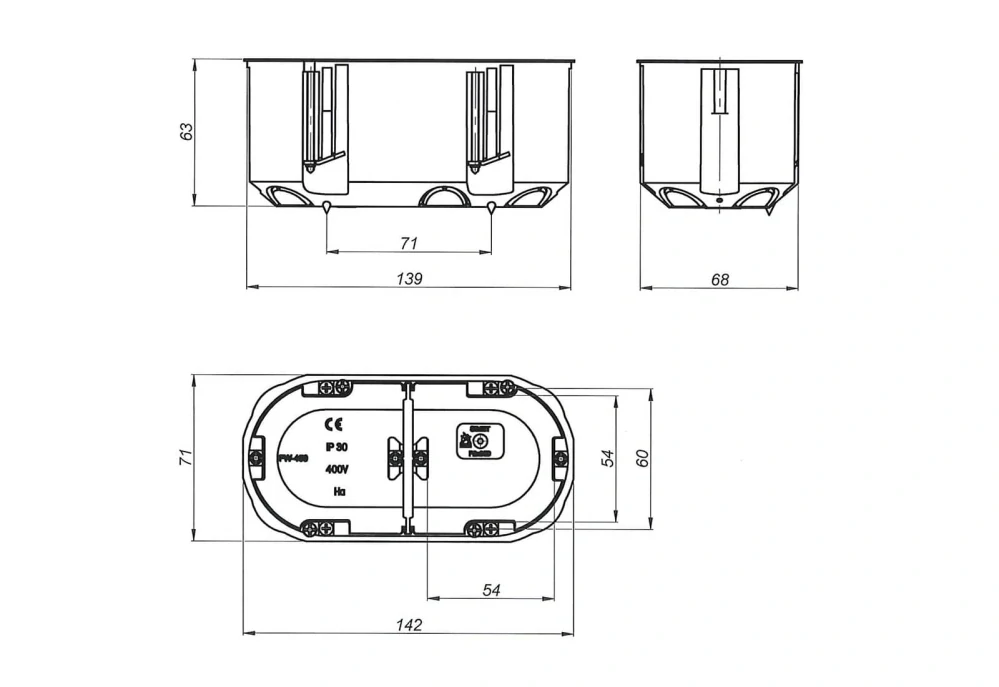 Viacpolový box na prázdne steny 2×60mm hlboký