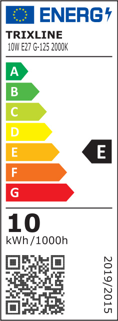 Dekoračná LED žiarovka FILAMENT Trixline G-125, 10W - energetický štítok