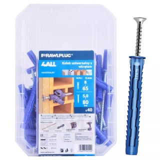Univerzálna hmoždinka 8x65 mm so skrutkou 5,0x80mm plastový box 40ks